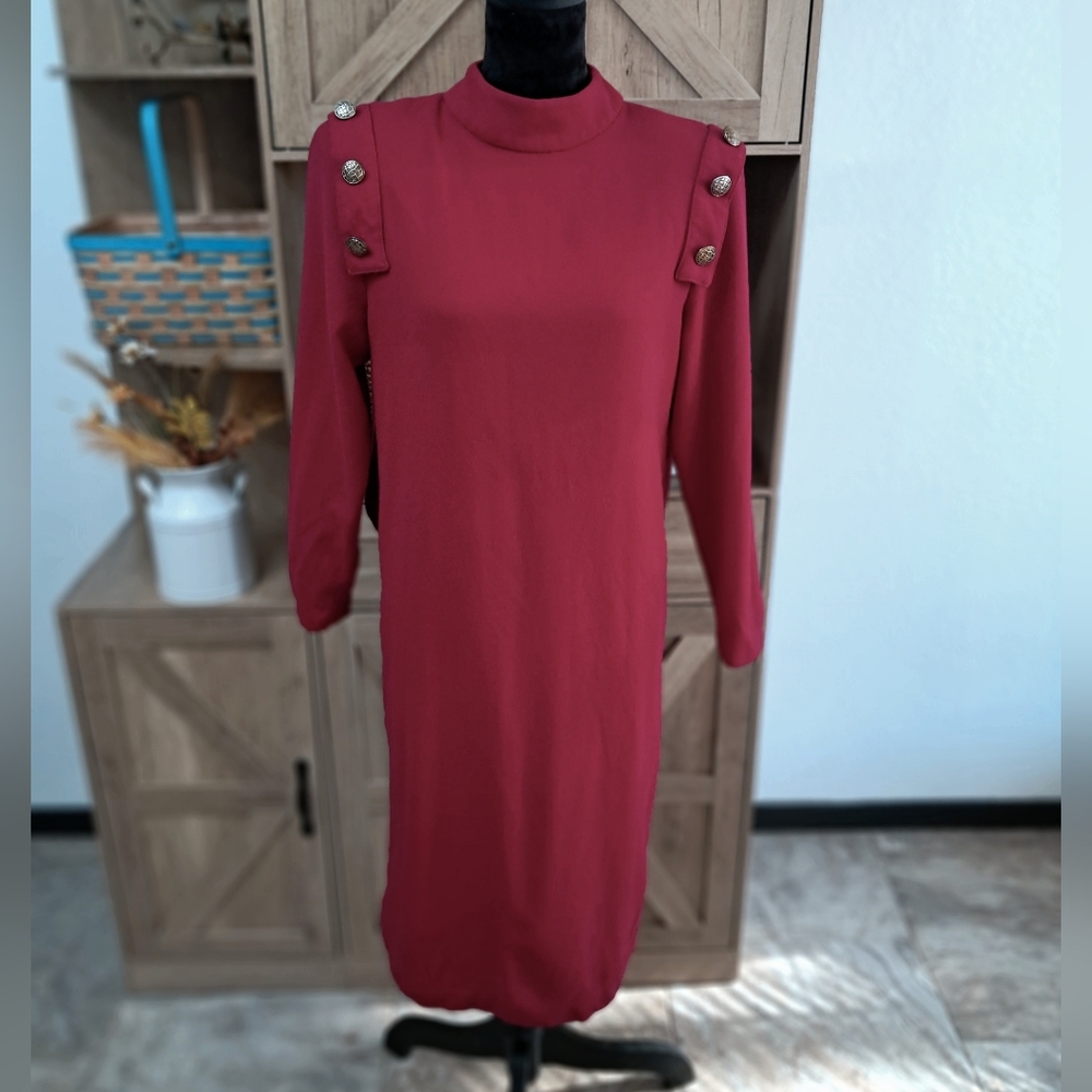 Vintage 1970's Howard Wolf Shift Midi Dress Maroon Lined High Neck Wool Blend